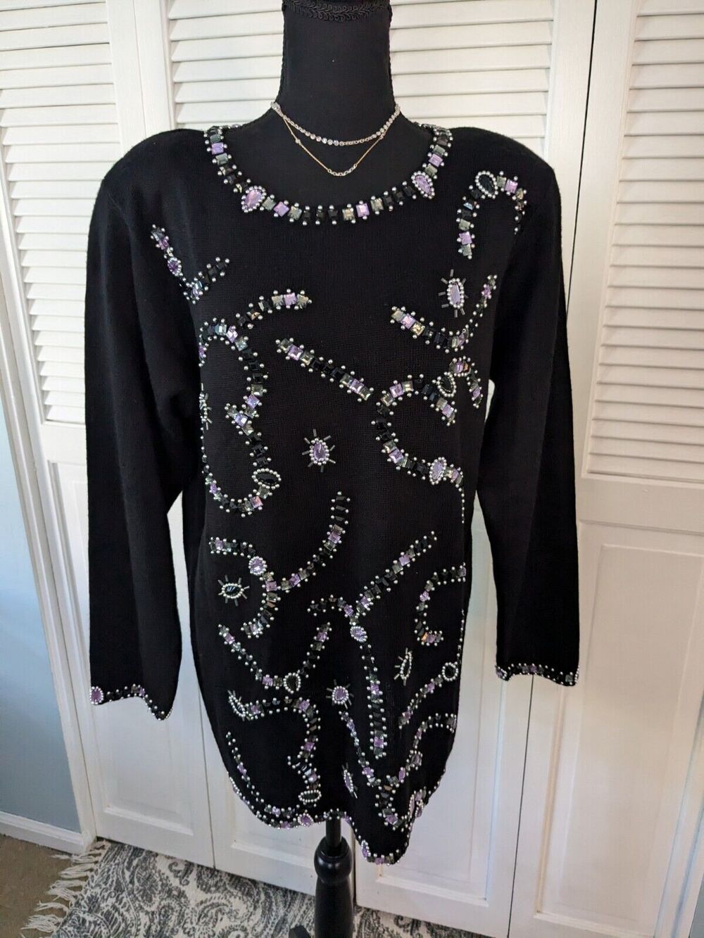 ANNE KLEIN by Sadimara Vtg Sweater Womens Sz L Black Embellished Beads Glam 90s